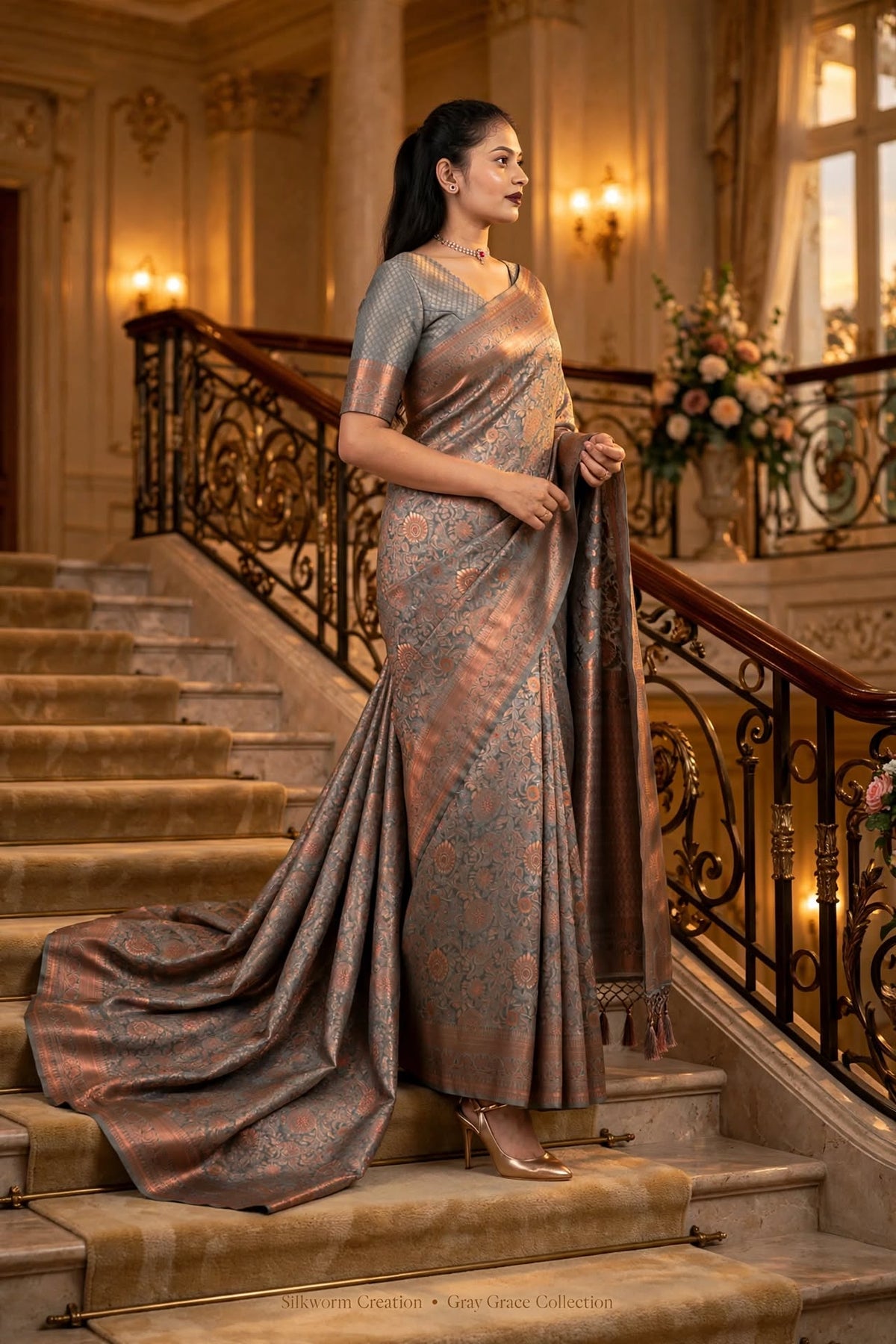 Gray Copper Kanjivaram Silk Saree