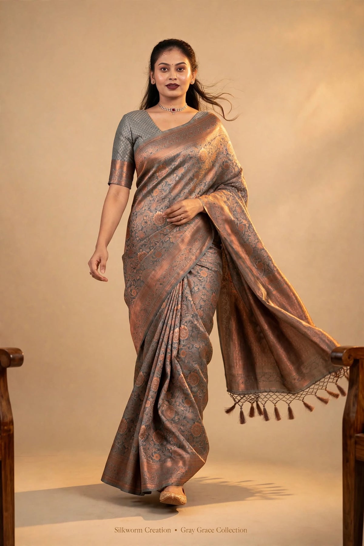 Gray Copper Kanjivaram Silk Saree