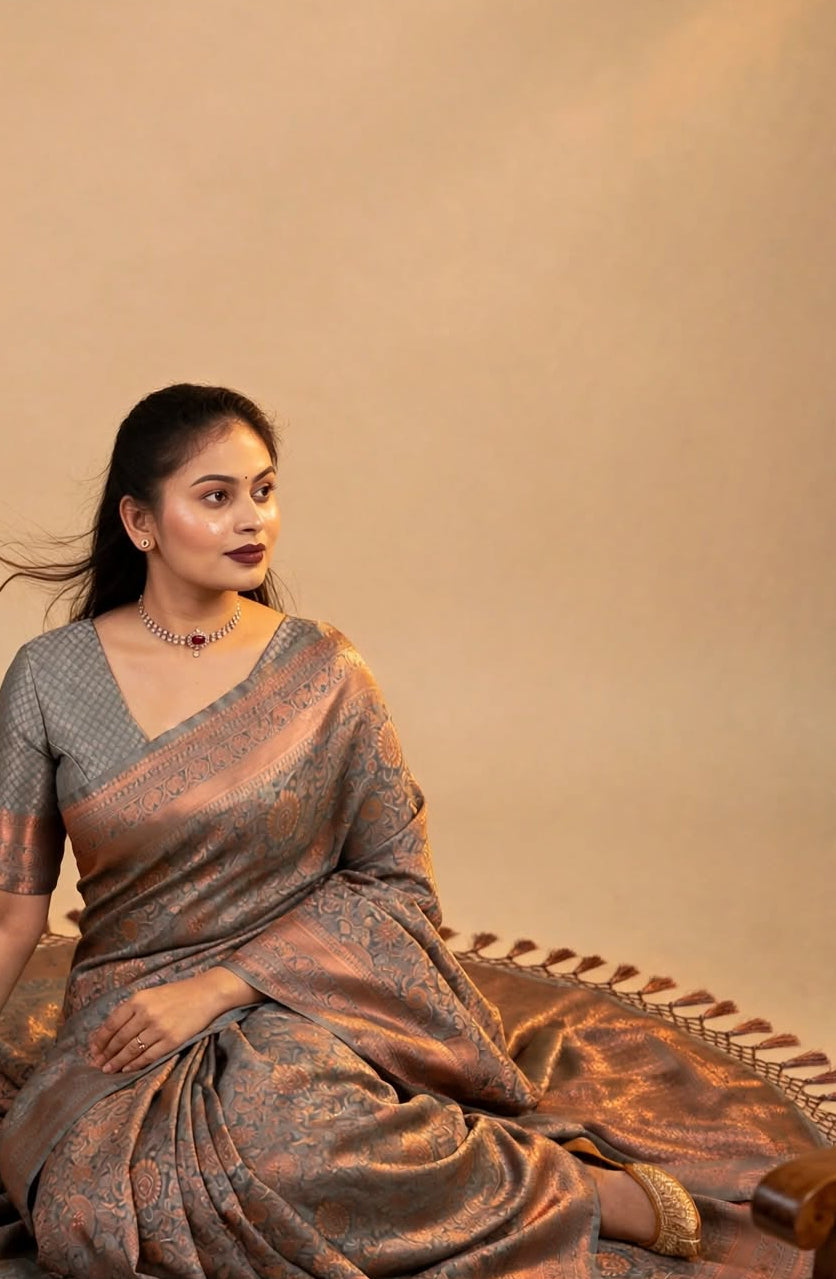Gray Copper Kanjivaram Silk Saree