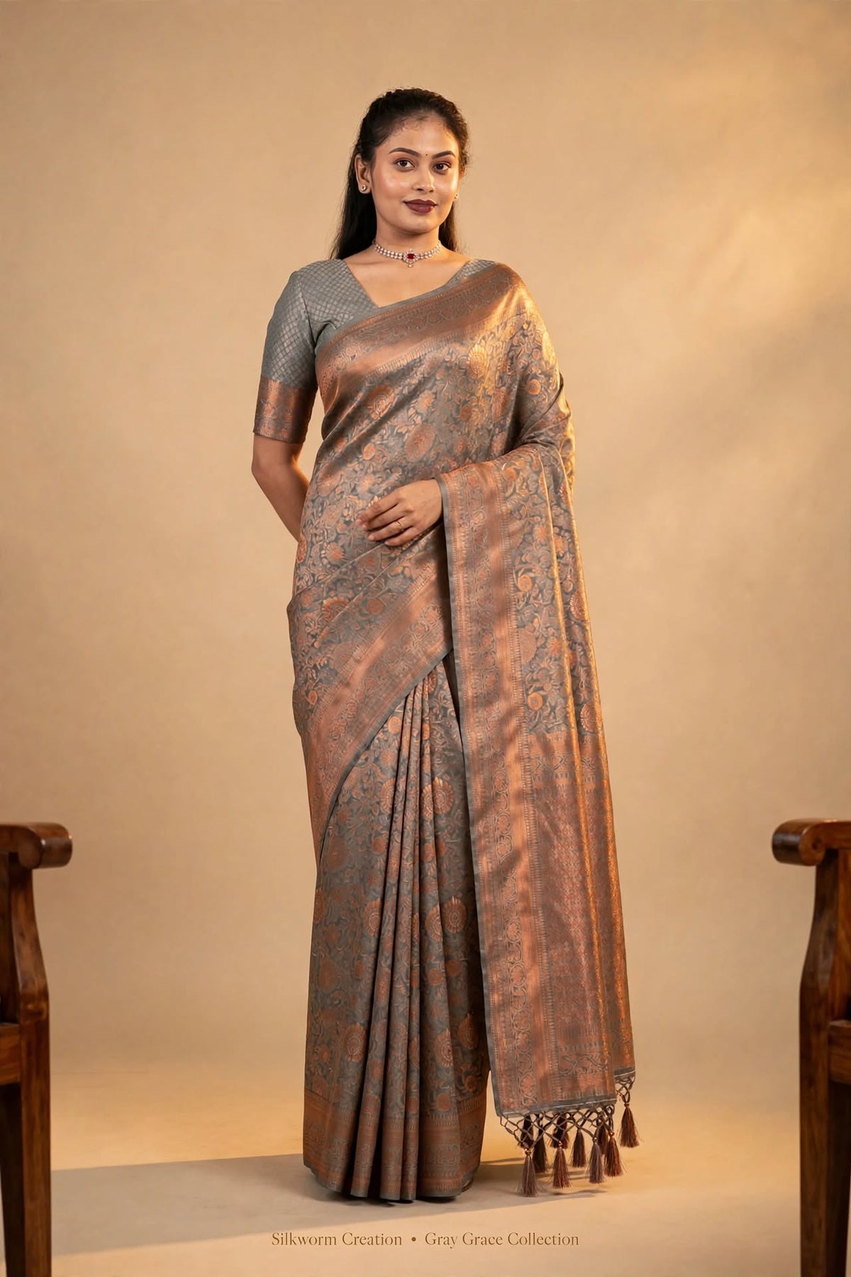 Gray Copper Kanjivaram Silk Saree