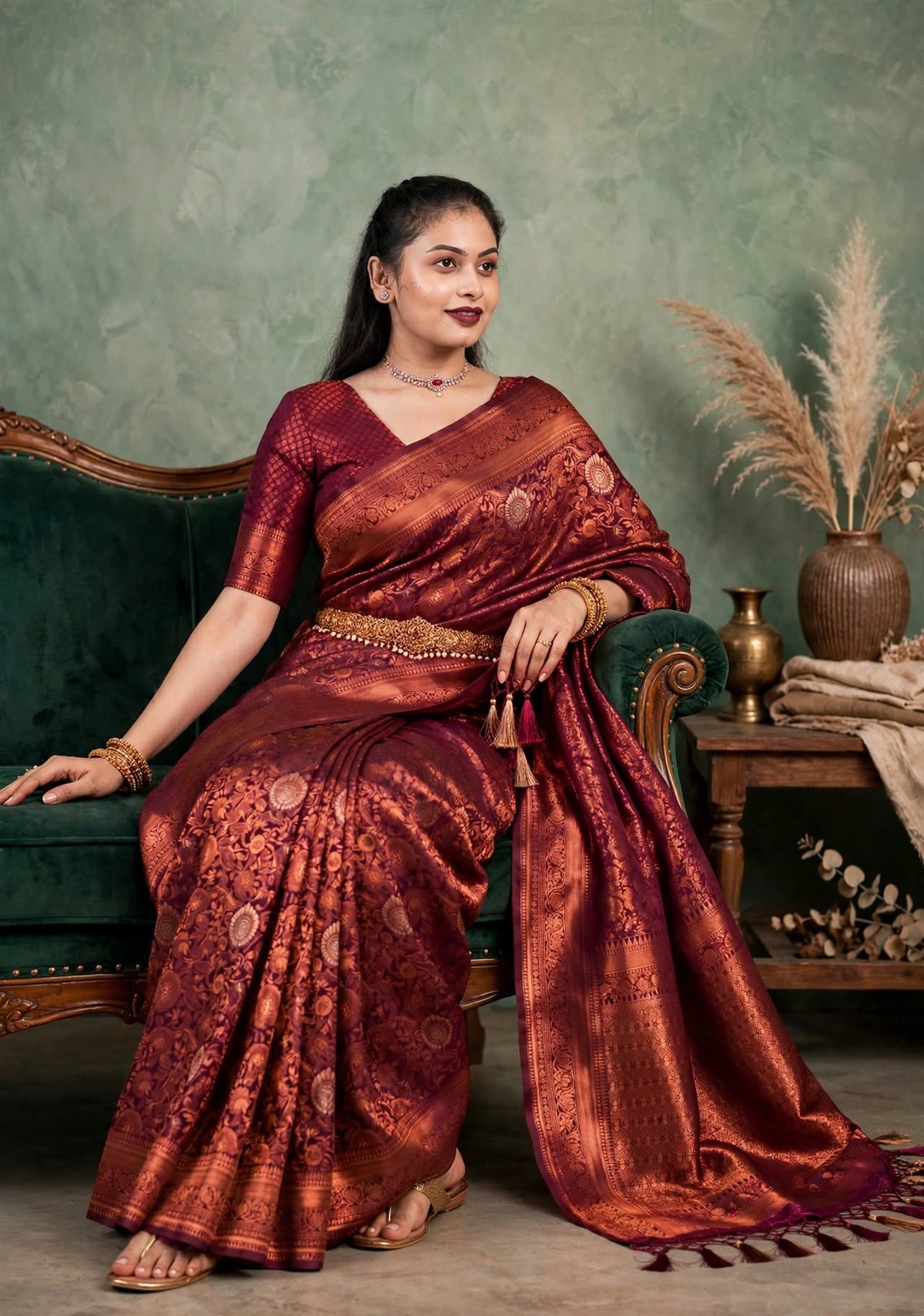 Wine Copper Kanjivaram Silk Saree