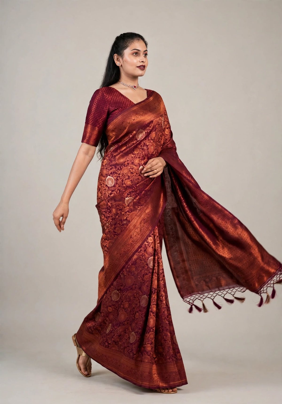 Wine Copper Kanjivaram Silk Saree