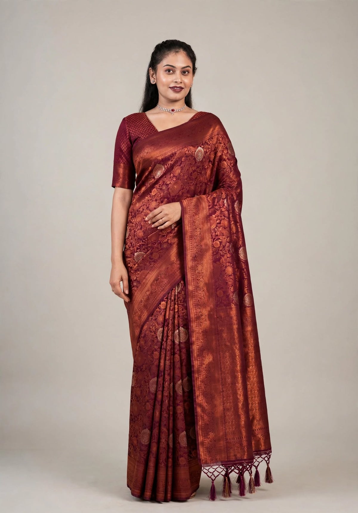 Wine Copper Kanjivaram Silk Saree