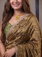 Metallic Antique Bronze Gold Pure Kora Silk Shimmer Saree