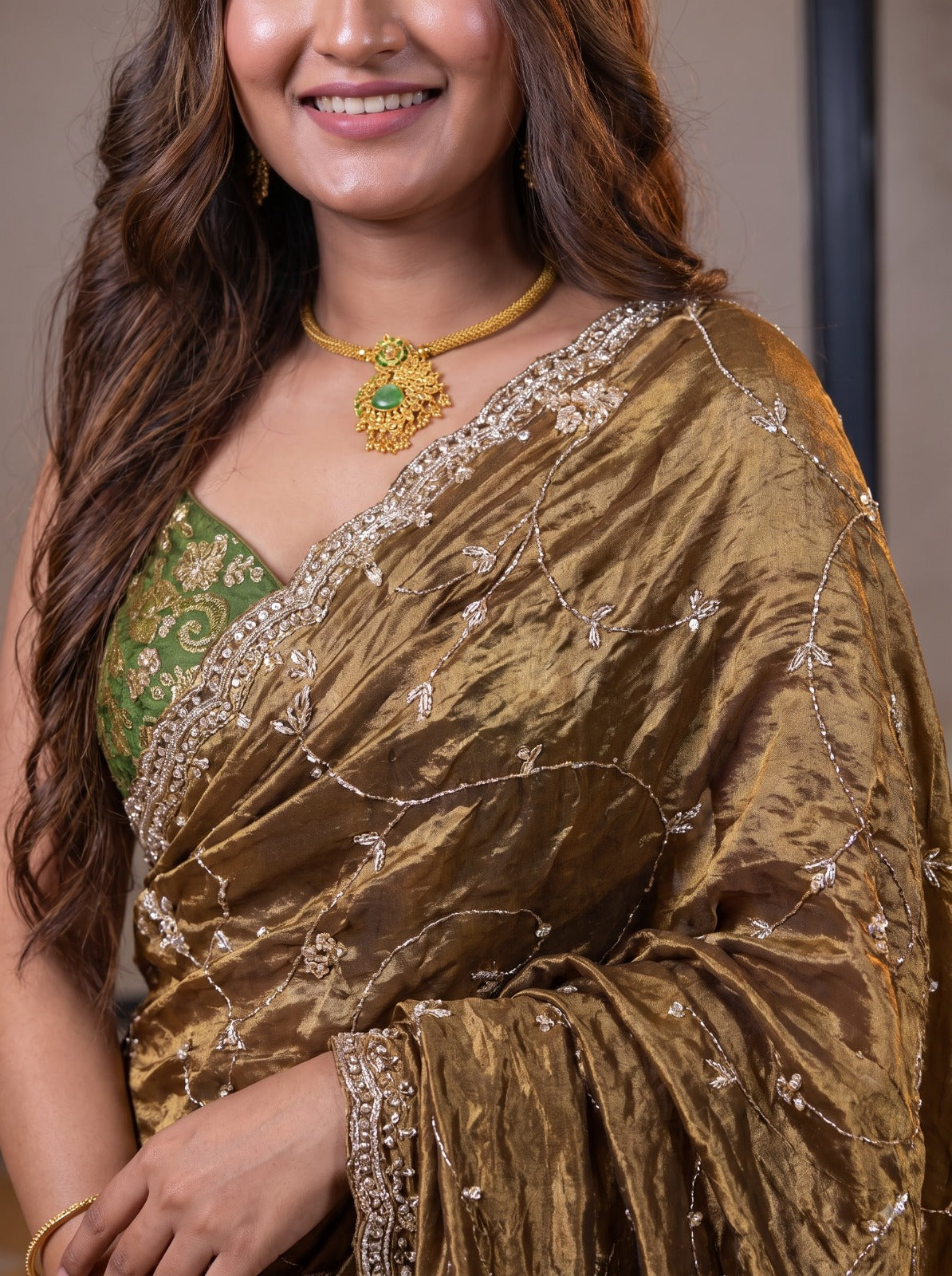 Metallic Antique Bronze Gold Pure Kora Silk Shimmer Saree