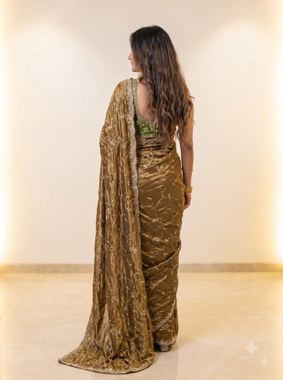 Metallic Antique Bronze Gold Pure Kora Silk Shimmer Saree