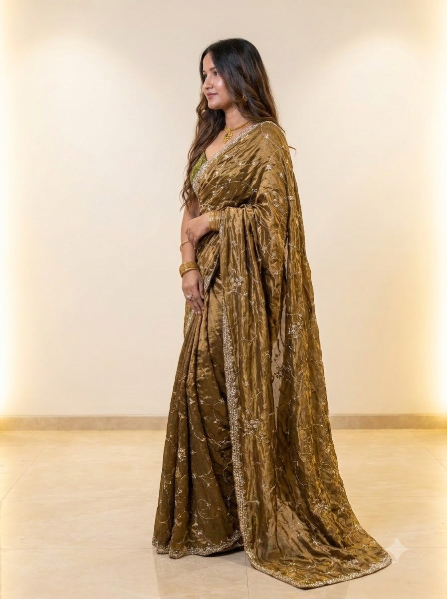 Metallic Antique Bronze Gold Pure Kora Silk Shimmer Saree