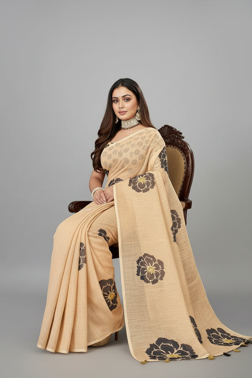 Woman in a beige saree with black floral patterns 