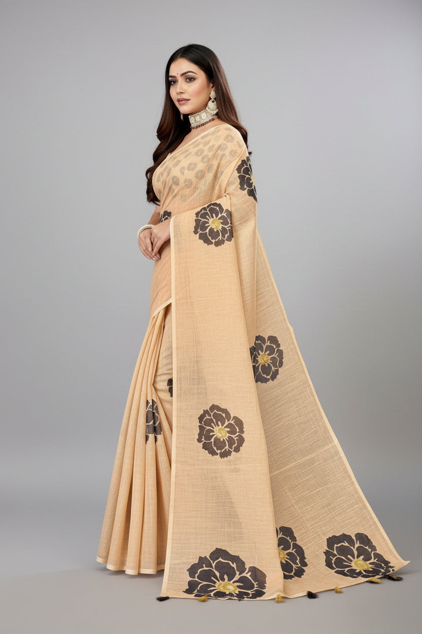 Woman wearing a beige saree with floral patterns