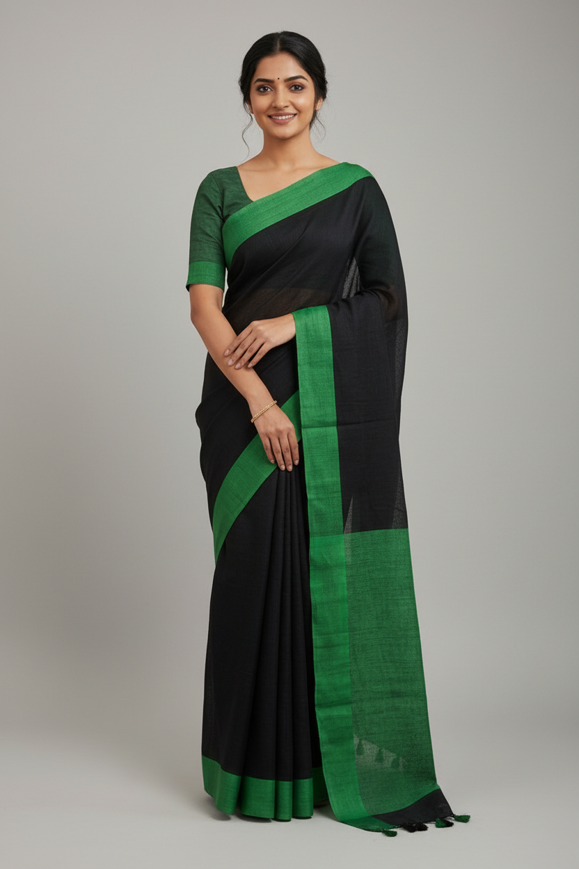 Woman wearing a black and green saree in a room with a wooden shelf and decorative items.