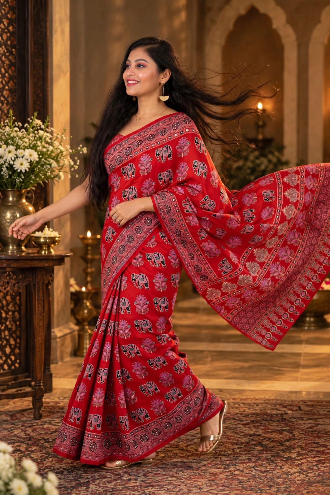 Red Ajrakh Block Print Saree