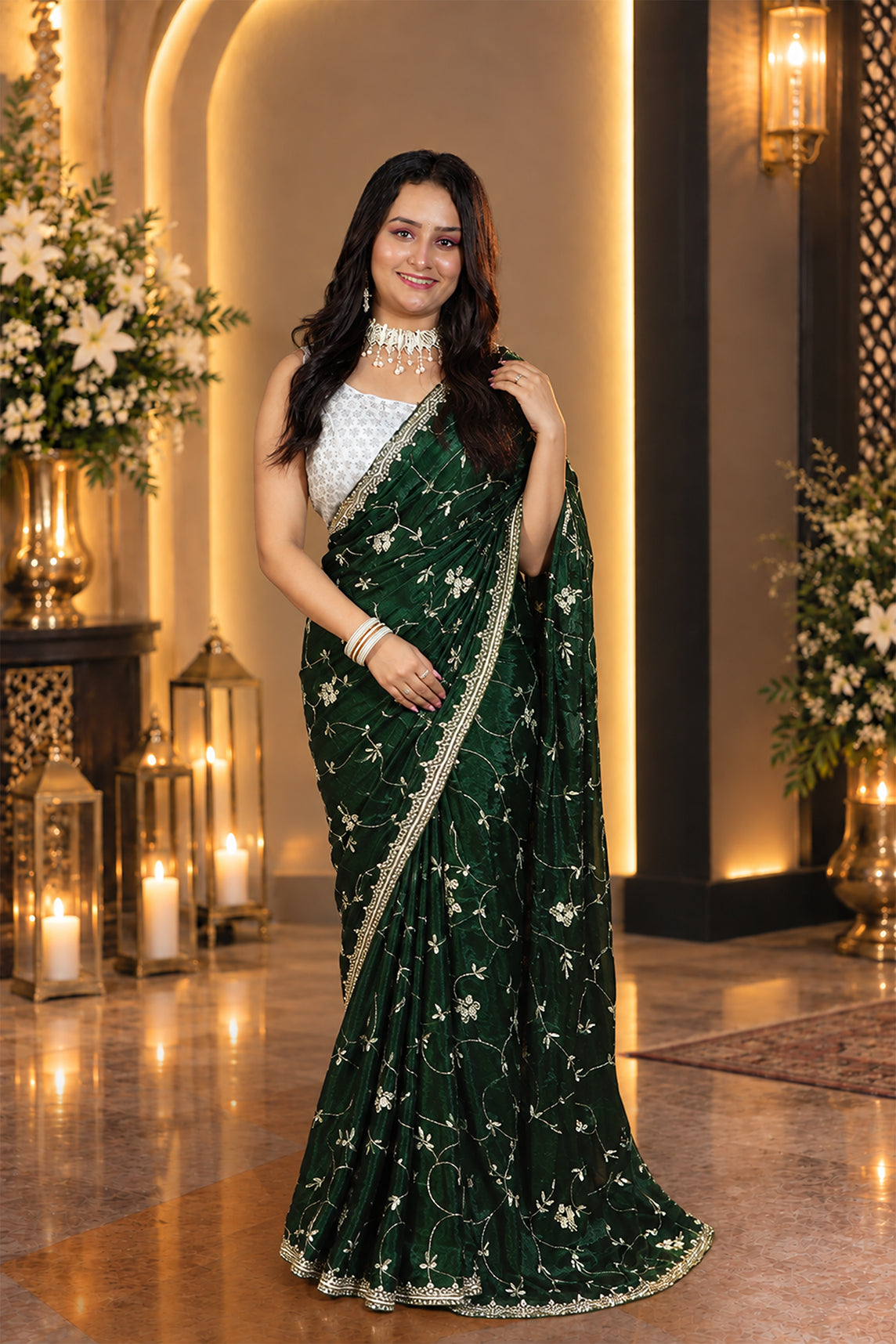 elegance with this stunning Metallic Dark Green Pure Kora Silk Shimmer Saree.