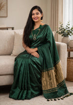 Premium Emerald Green Gaji Silk Saree with Golden Pallu