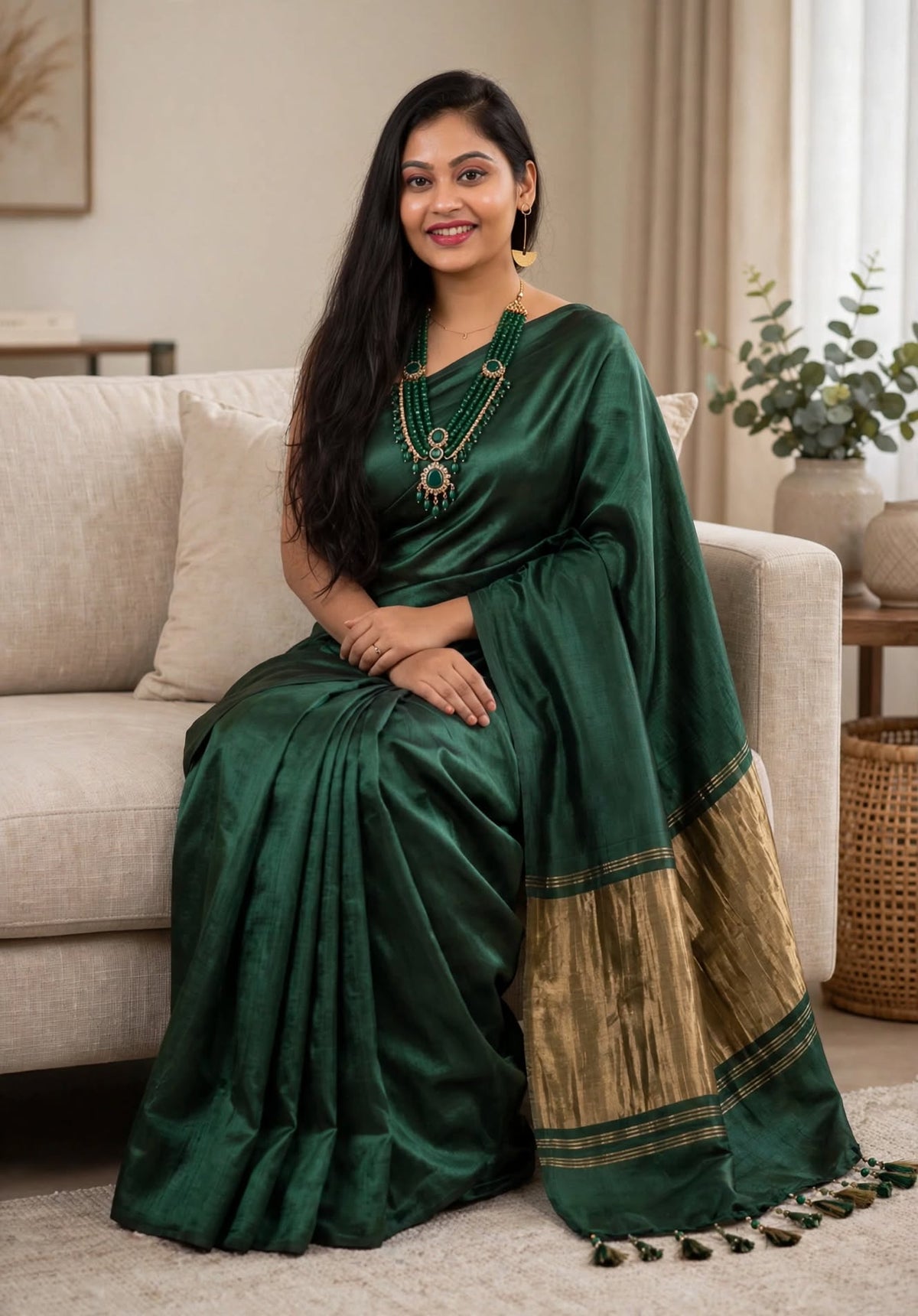 Premium Emerald Green Gaji Silk Saree with Golden Pallu