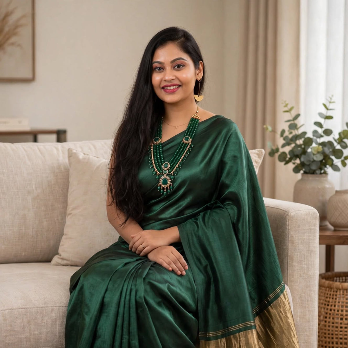 Premium Emerald Green Gaji Silk Saree with Golden Pallu