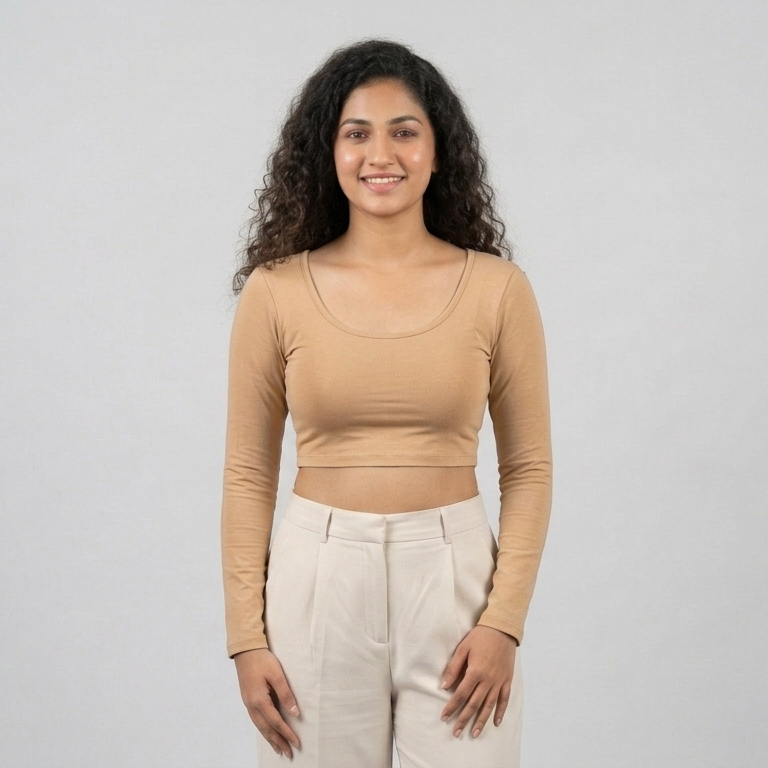 front look - Beige Plain Lycra Blouse