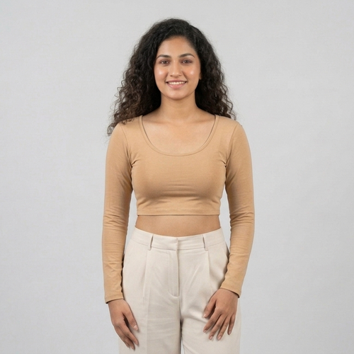 front look - Beige Plain Lycra Blouse