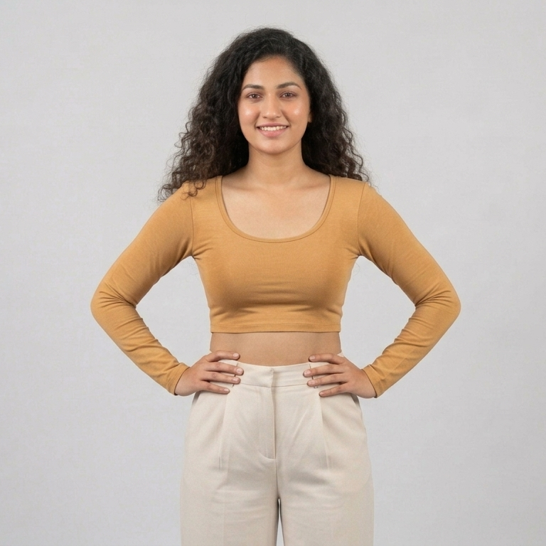 front look - Camel color Plain Lycra Blouse