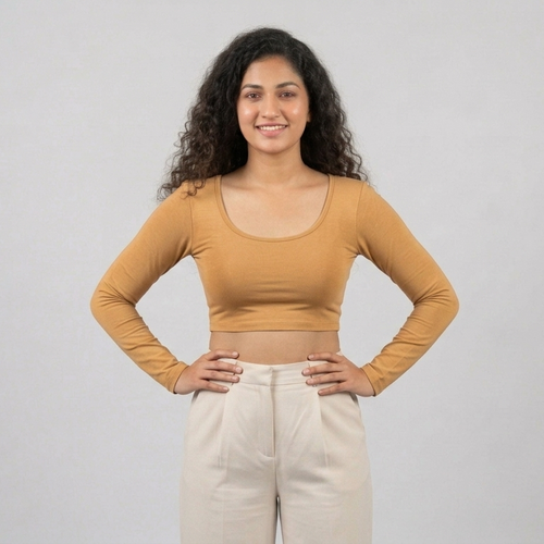front look - Camel color Plain Lycra Blouse