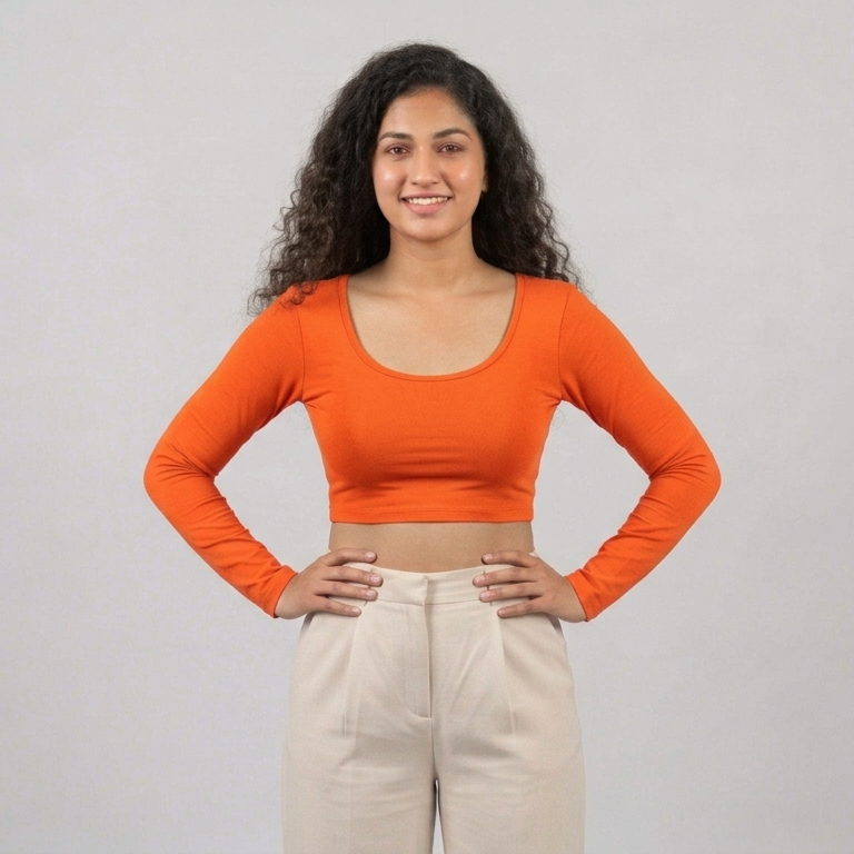 front look - Orange Plain Lycra Blouse