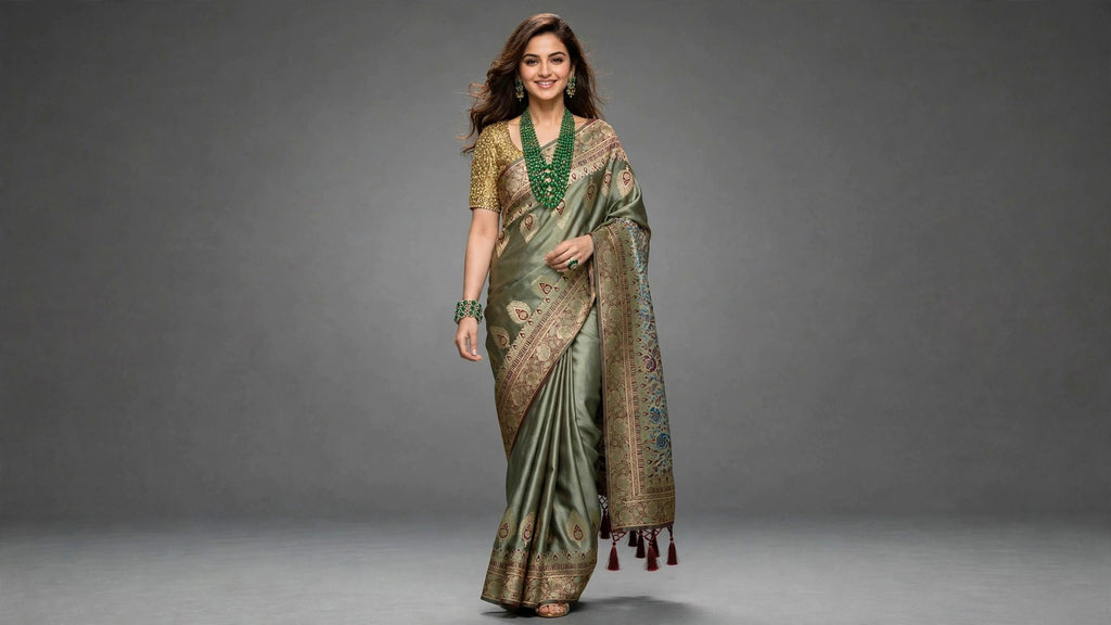 Sage Green Satin Silk Saree with Gold Zari Border & Floral Pallu