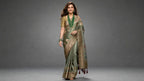 Sage Green Satin Silk Saree with Gold Zari Border & Floral Pallu