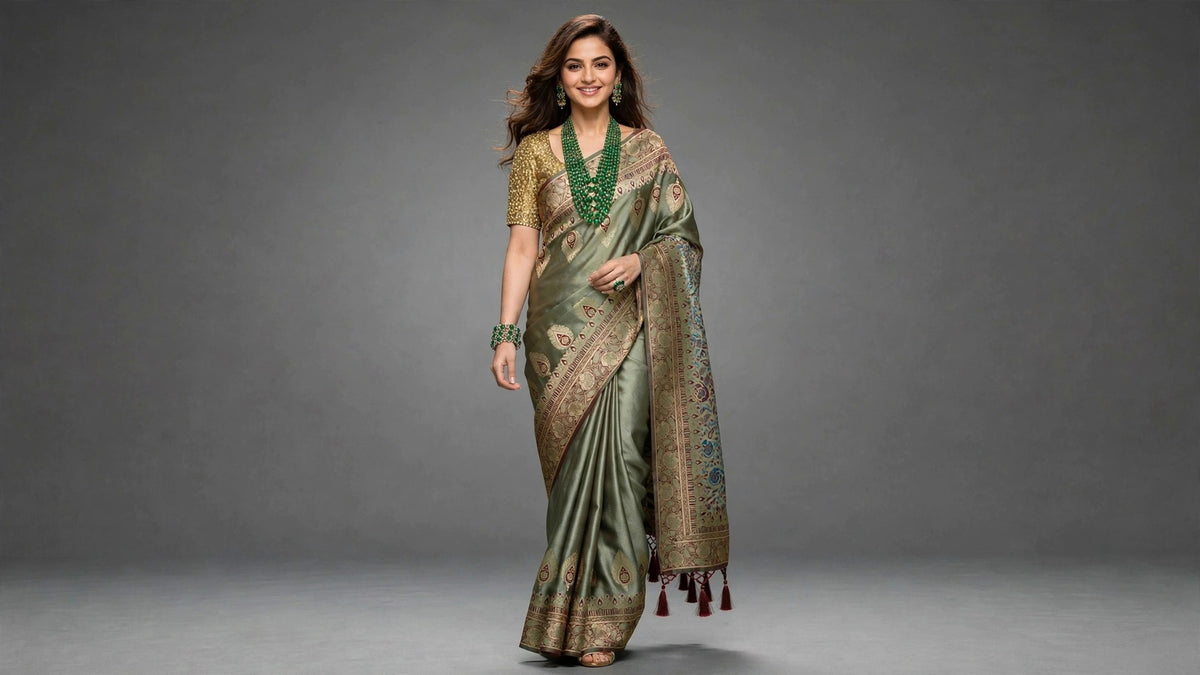Sage Green Satin Silk Saree with Gold Zari Border & Floral Pallu