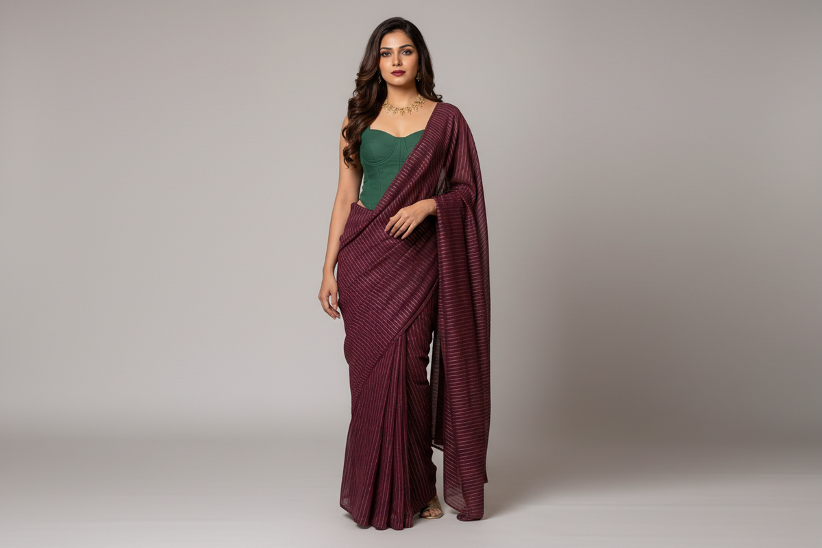 A woman models a deep purple saree with fine horizontal stripes and a matching sheer pallu, paired with a solid green blouse, in an elegant indoor setting with warm lighting.