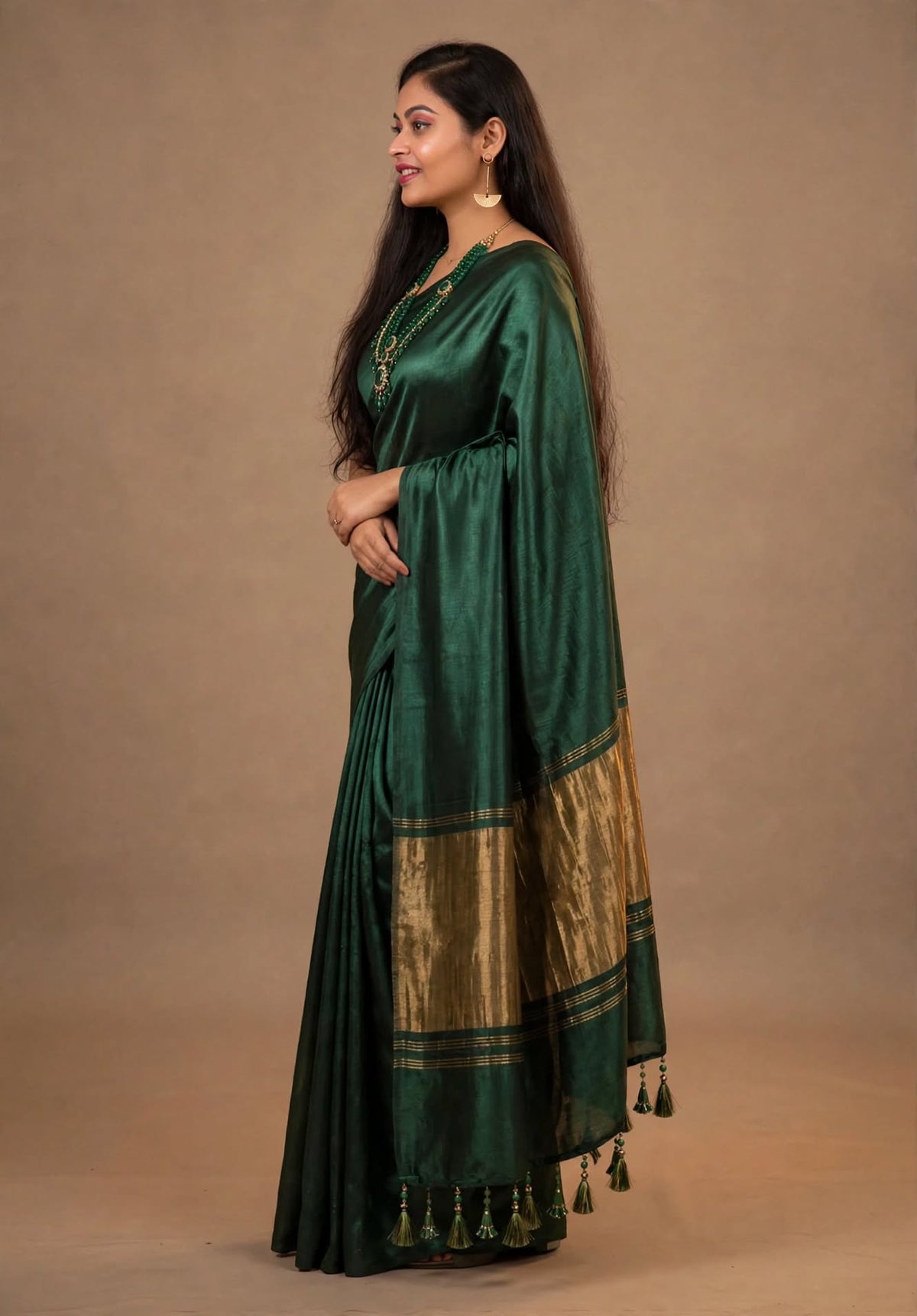 Premium Emerald Green Gaji Silk Saree with Golden Pallu