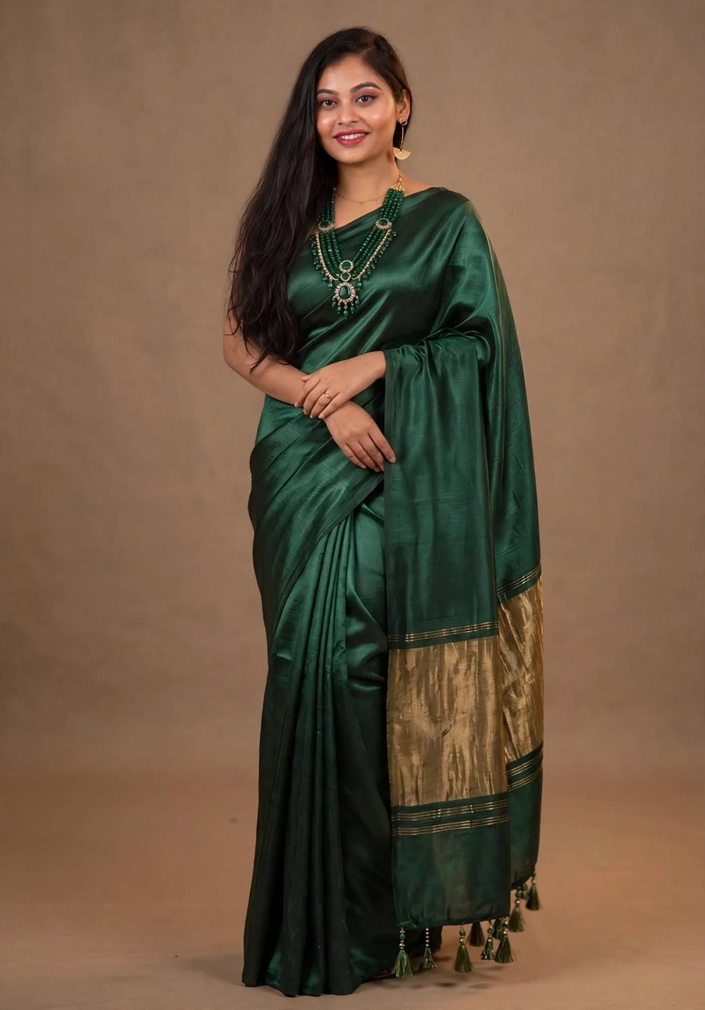 Premium Emerald Green Gaji Silk Saree with Golden Pallu
