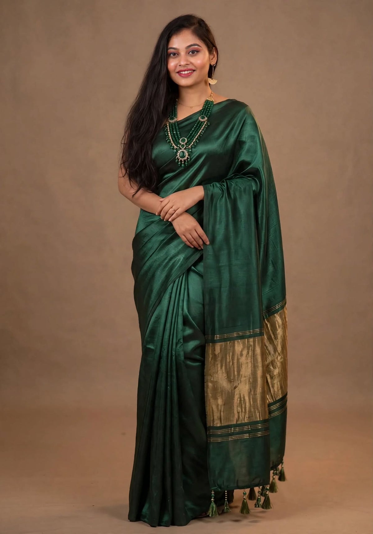 Premium Emerald Green Gaji Silk Saree with Golden Pallu