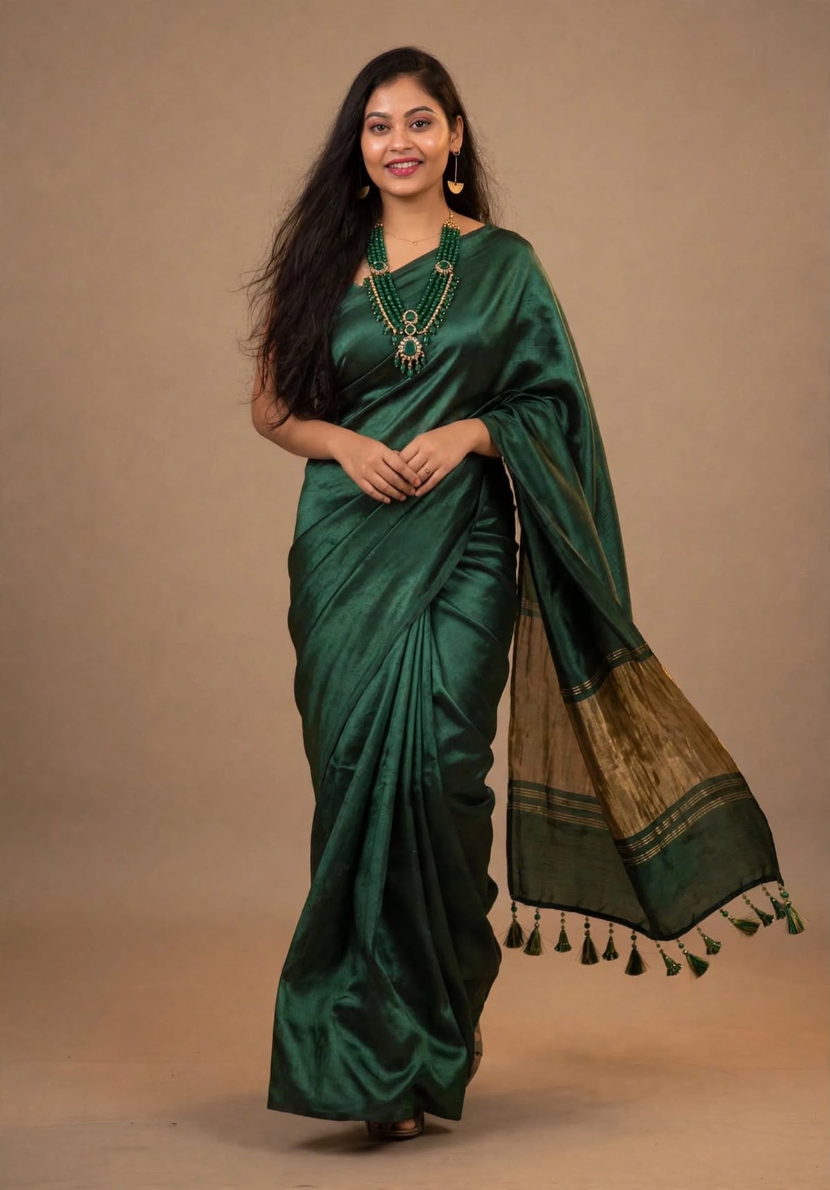 Premium Emerald Green Gaji Silk Saree with Golden Pallu