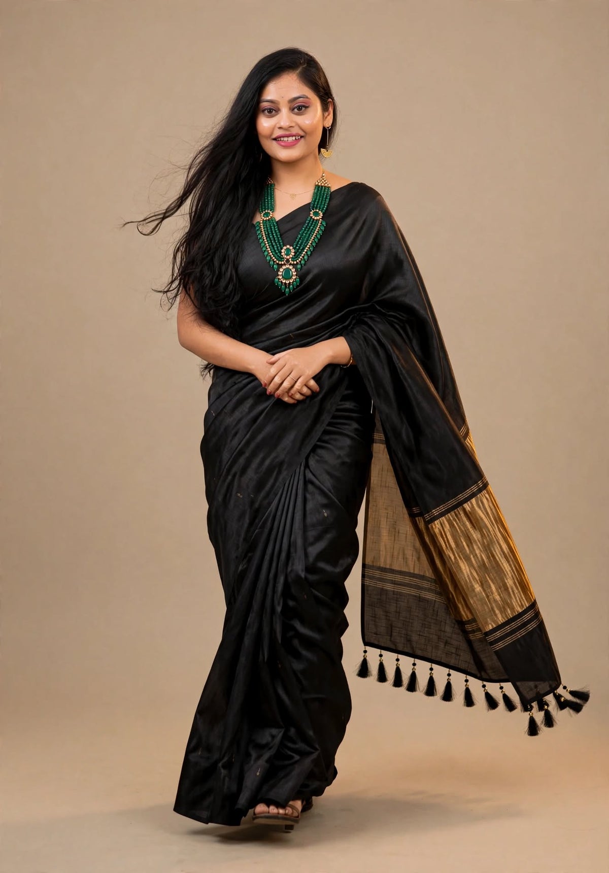 Premium Emerald Black Gajji Silk