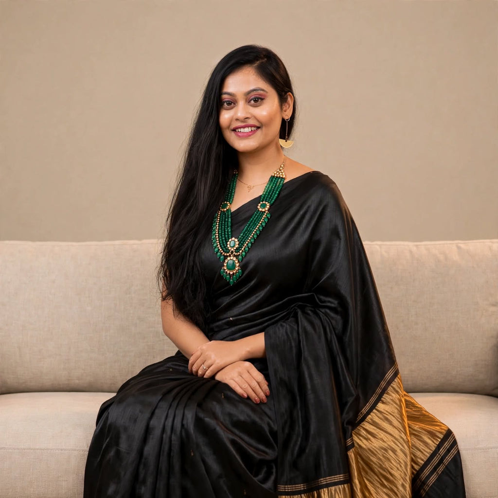 Premium Emerald Black Gajji Silk