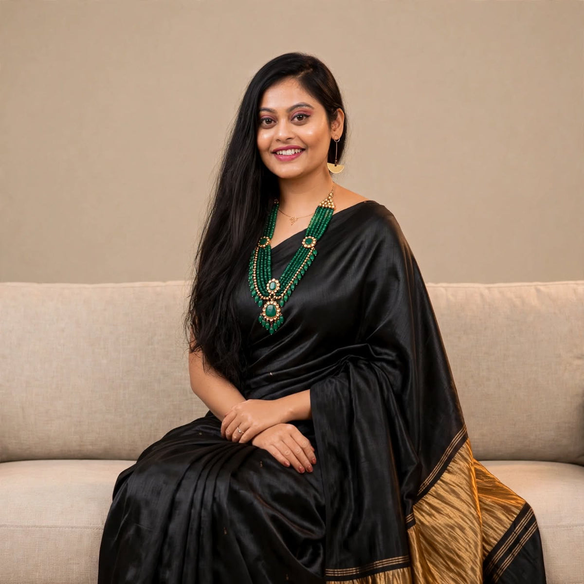 Premium Emerald Black Gajji Silk
