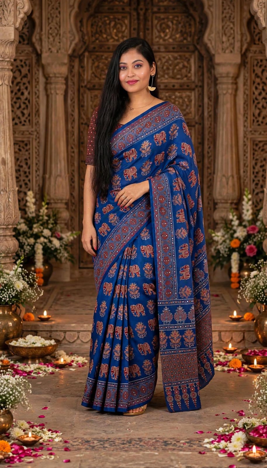 Sky Blue Ajrakh  Block Print Saree