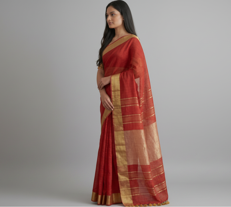 Pure Linen Red Saree with Zari Border