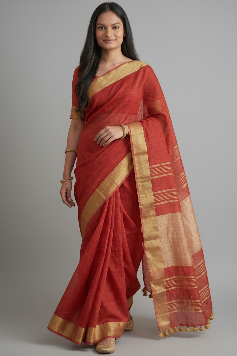Pure Linen Red Saree with Zari Border
