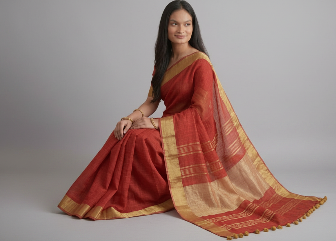Pure Linen Red Saree with Zari Border