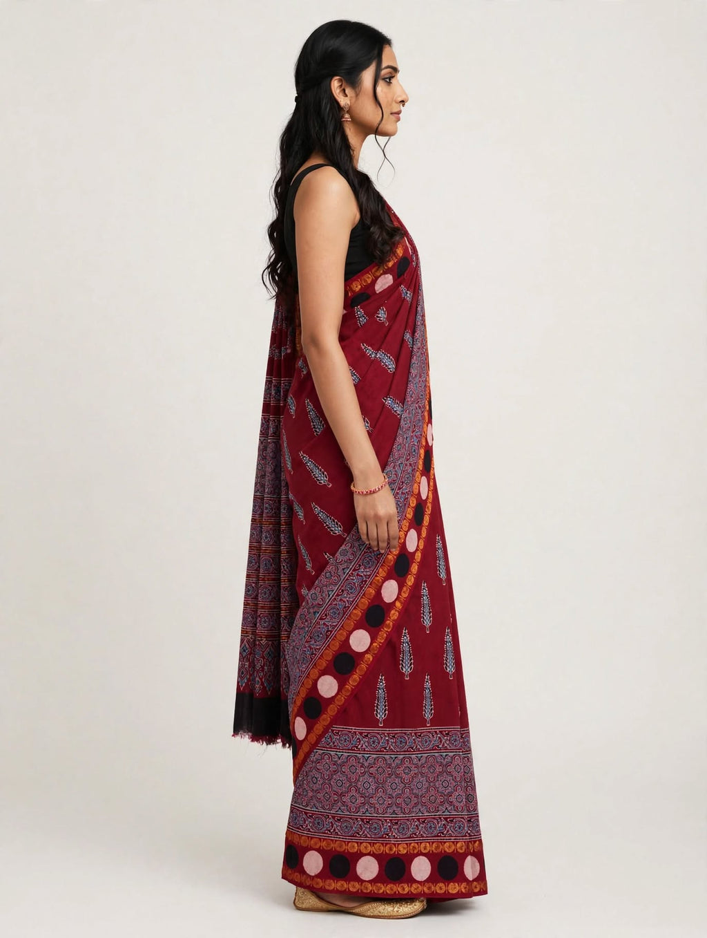 Maroon Ajrakh Block Print Soft Cotton Saree with Zari Border - Handcrafted
