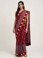 Maroon Ajrakh Block Print Soft Cotton Saree with Zari Border - Handcrafted