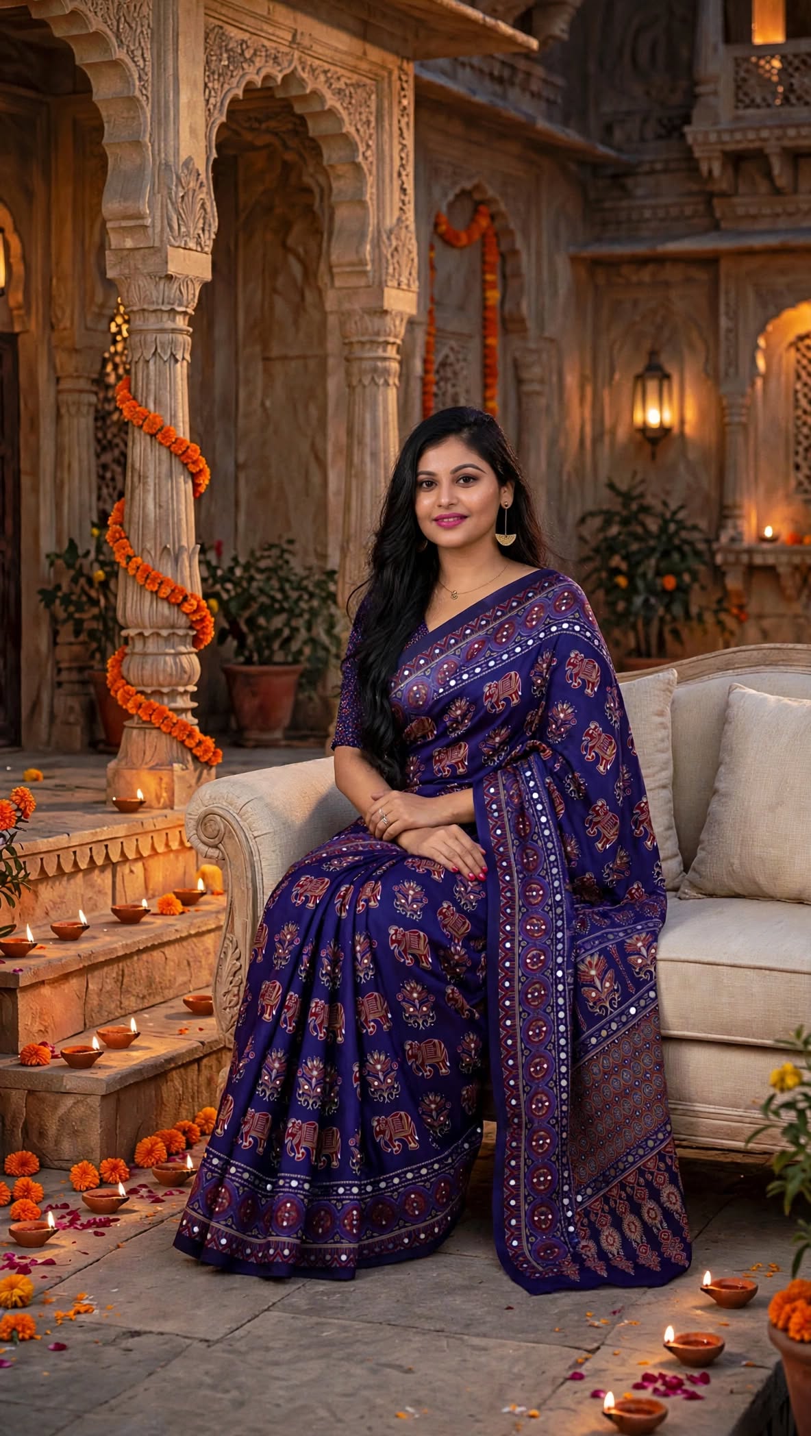 Purple Ajrakh Block Print Saree