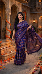 Purple Ajrakh Block Print Saree
