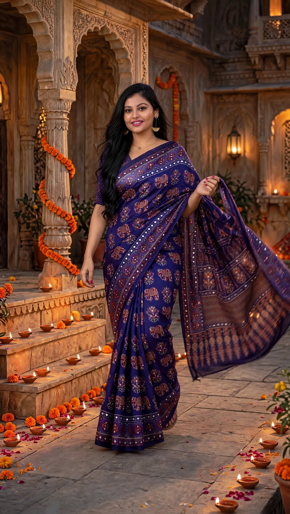 Purple Ajrakh Block Print Saree