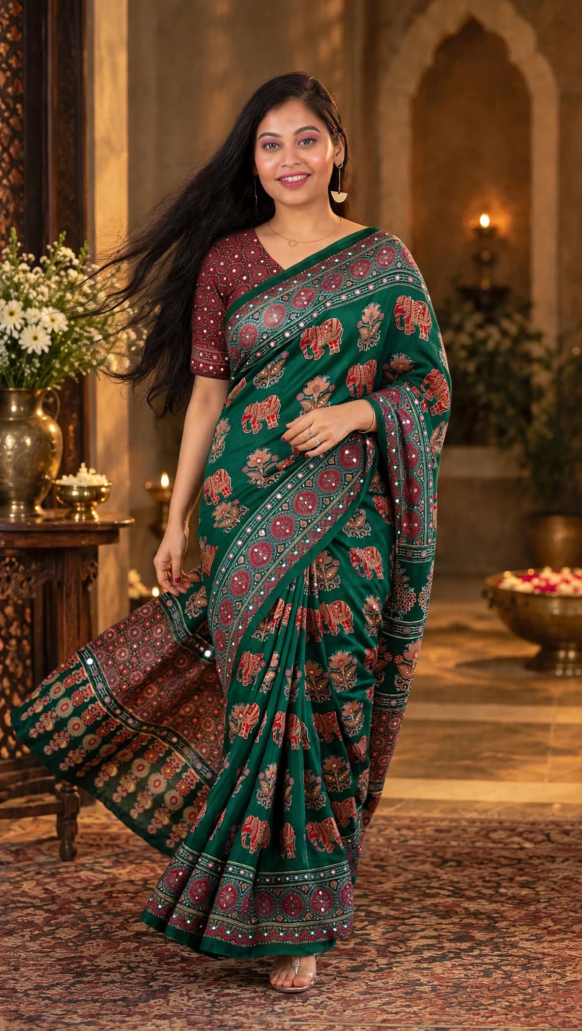 Green Ajrakh Block Print Saree