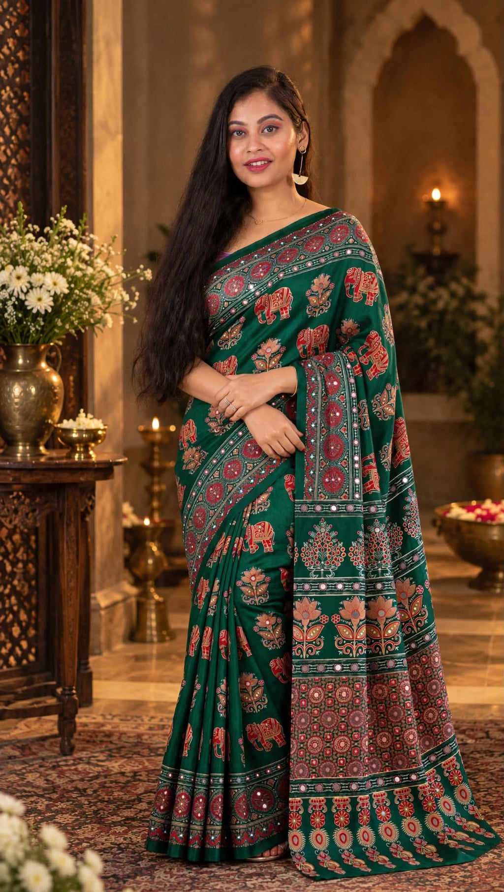 Green Ajrakh Block Print Saree