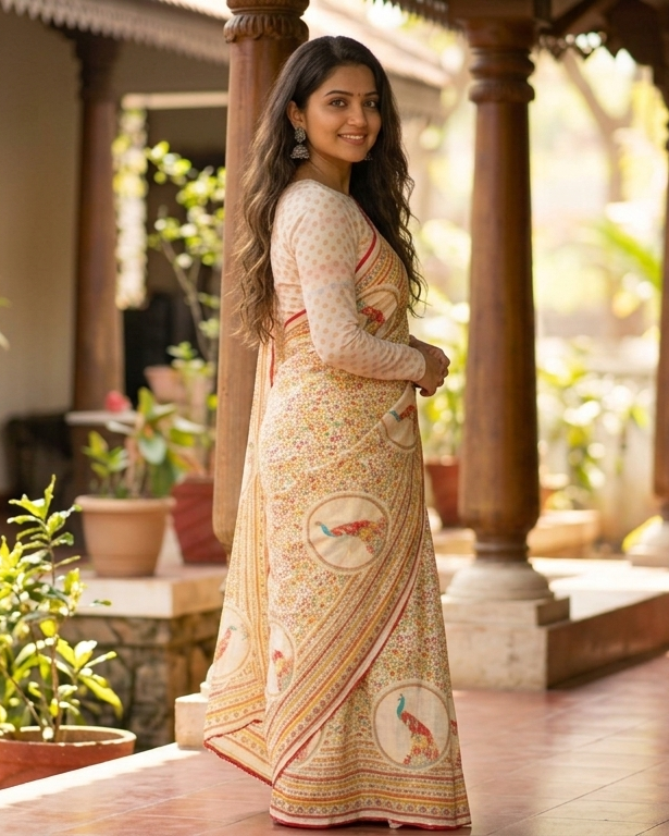 photo - 2 Elegant Ivory Pure Chiffon Saree with Artistic Bird Motifs