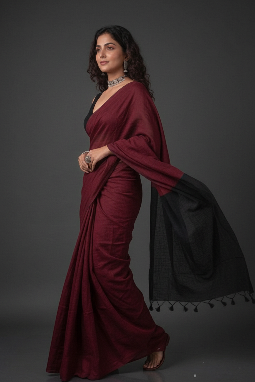 Maroon Handloom Cotton Saree with Black Contrast Pallu