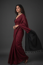 Maroon Handloom Cotton Saree with Black Contrast Pallu