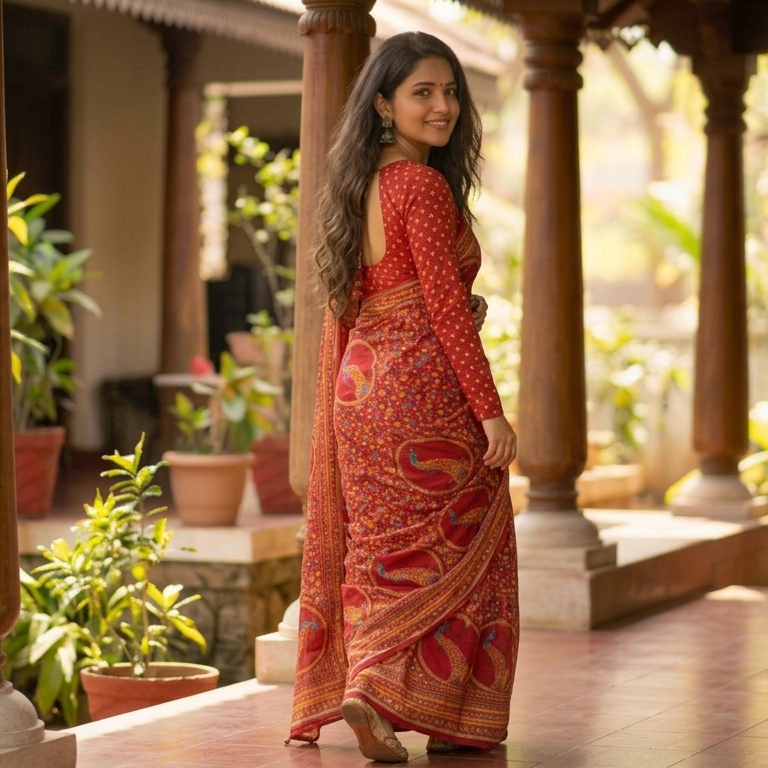 photo - 4 photo 2 Red Pure Chiffon Saree with Artistic Bird Motifs 
